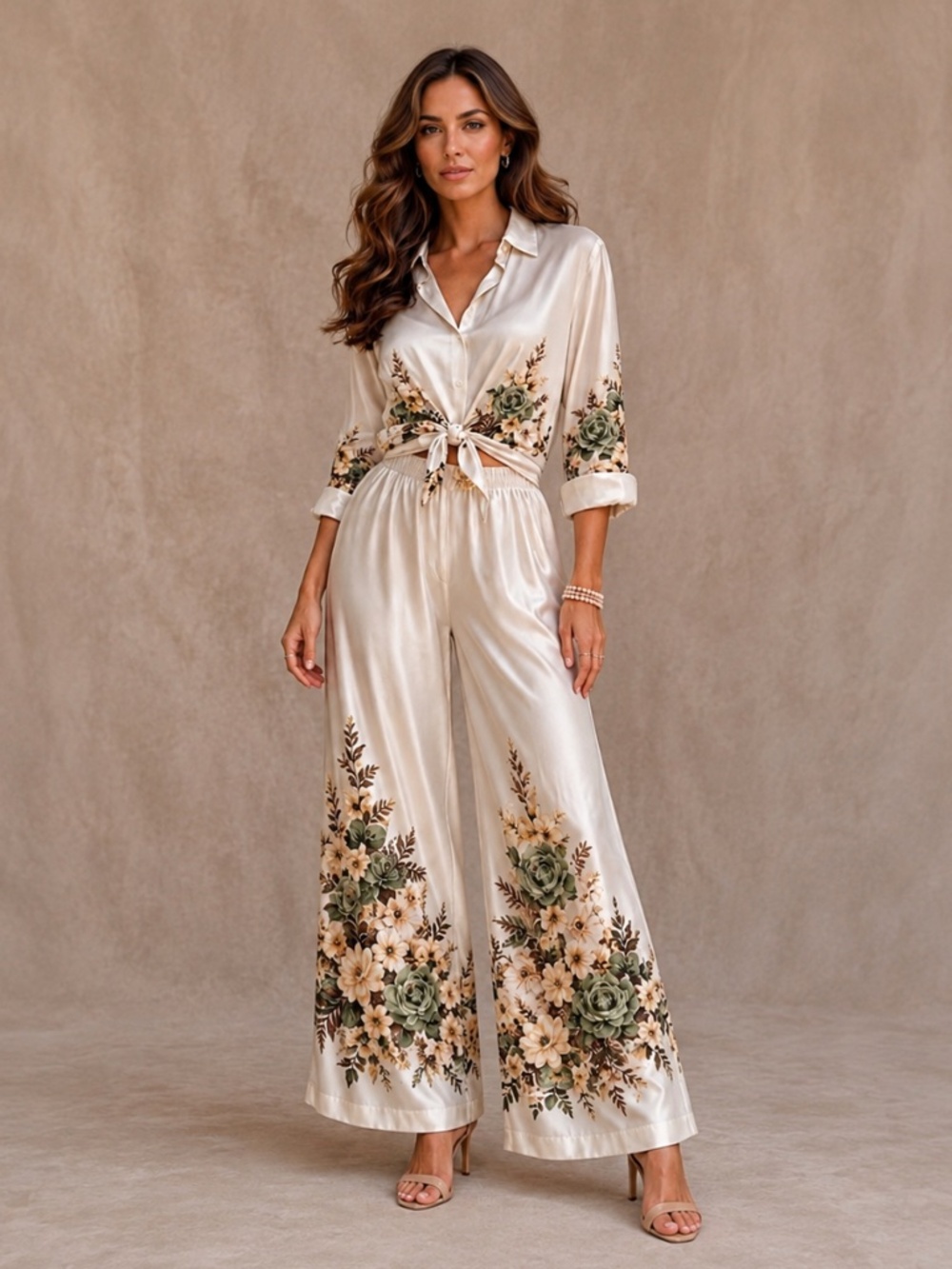 Milio Milano Fiore Floral Silky Viscose Top & Wide Leg Pants Set XS NWT